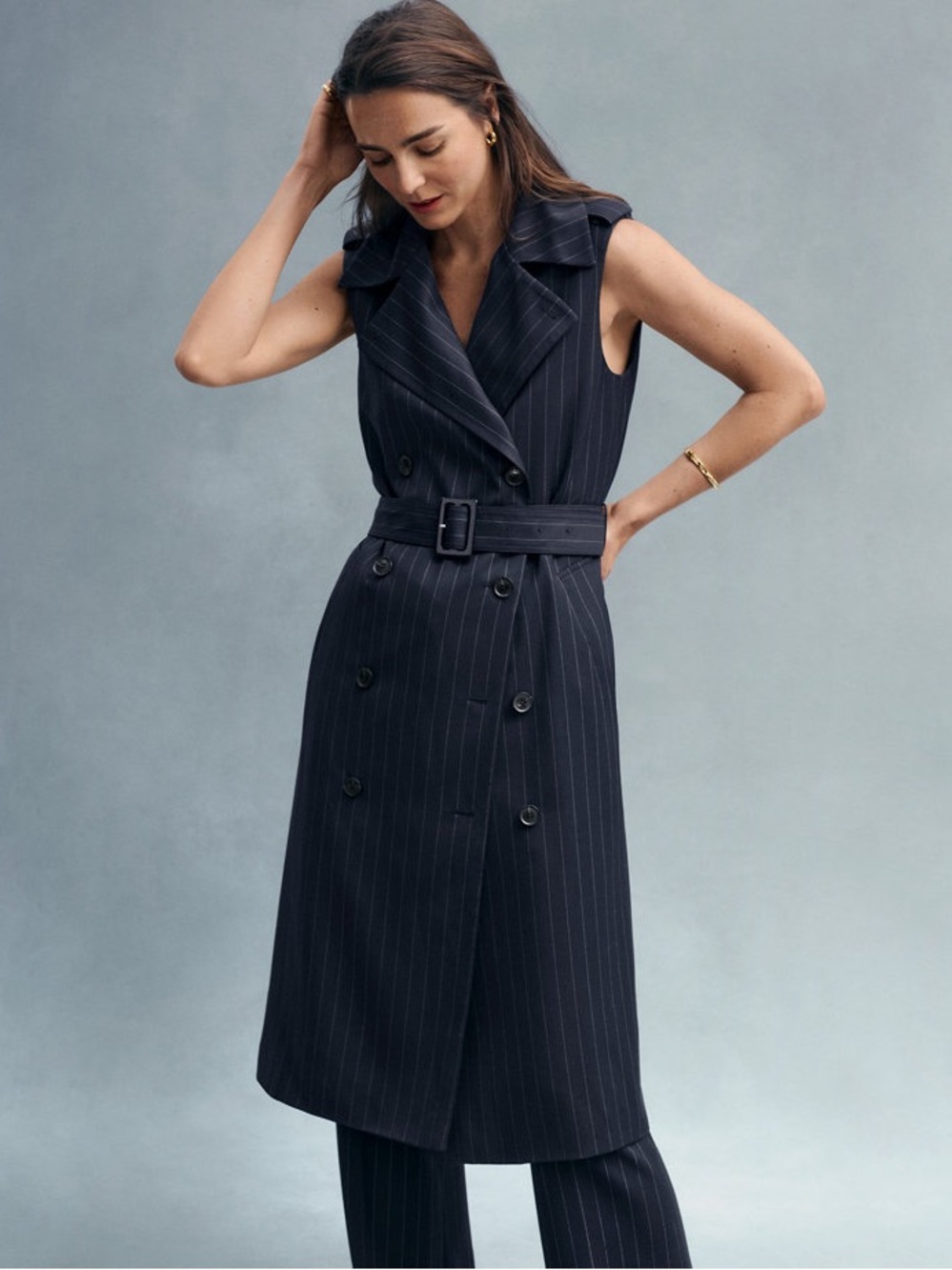 Ann Taylor Sleeveless Pinstripe Trench Coat - Navy